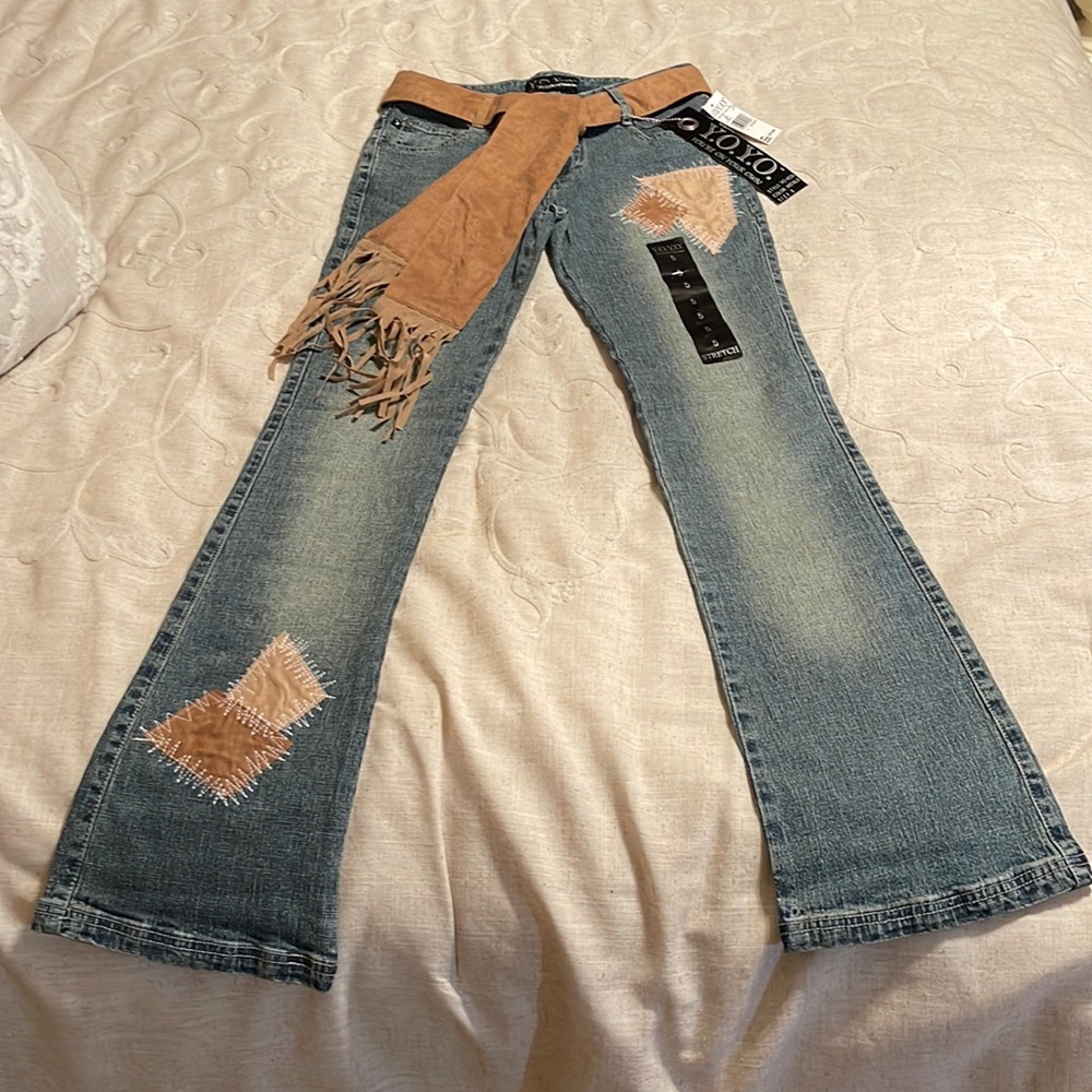 Y.O.Y.O Your On Your Own- RARE   flare, patchwork, Jeans with fringe belt